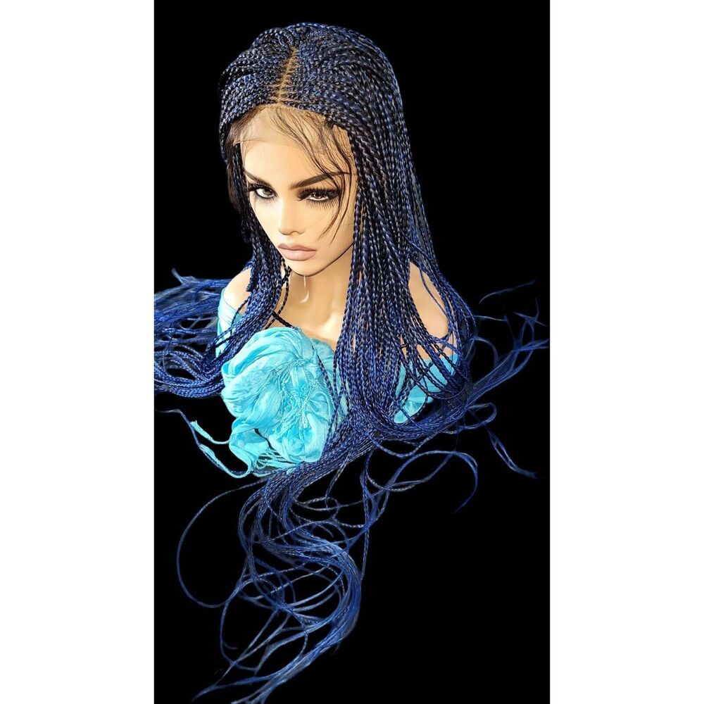 Handmade Braided Lace Wig, Knotless Box Braids Long Blue Ombre Wig NWT - Picture 2 of 15